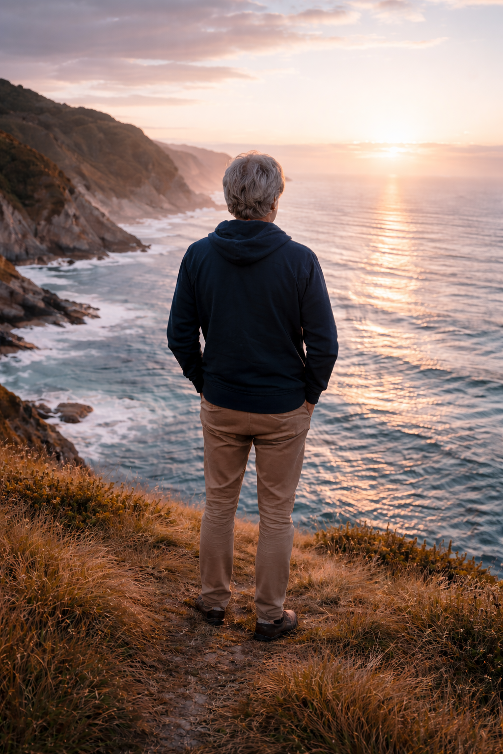 Man with gray hair looking over the ocean at sunset